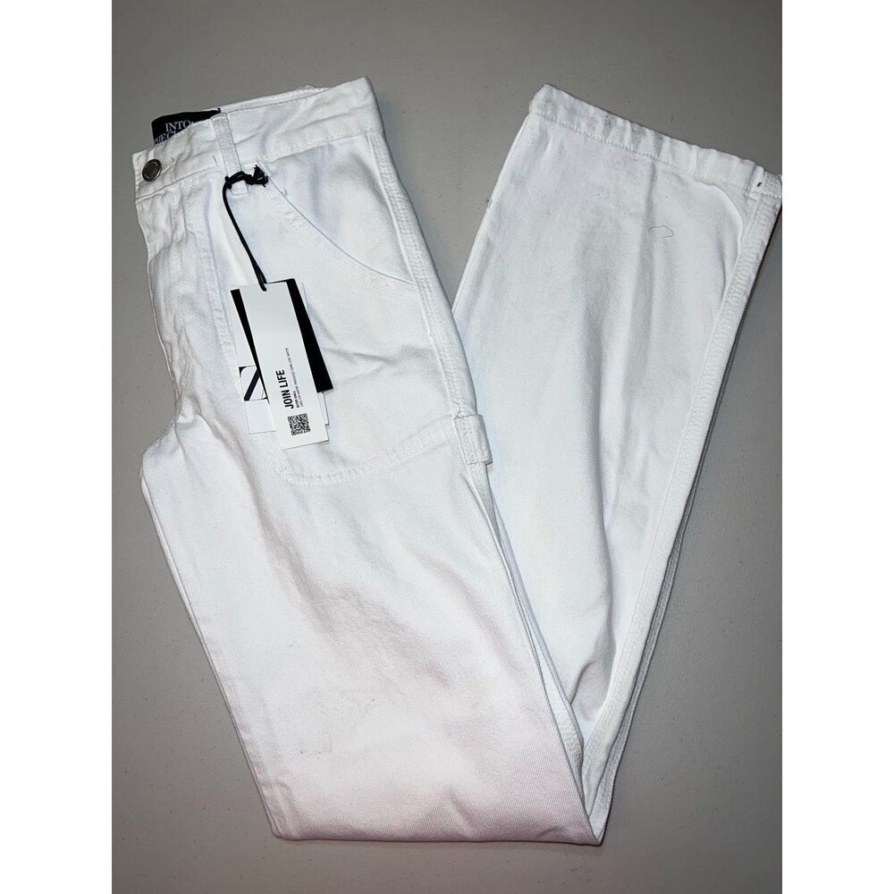 Zara Relaxed Fit High Waisted Worker Pant White Denim Size 32 NWT